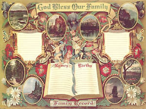 Old family tree with 'God Bless Our Family' banner up at top.